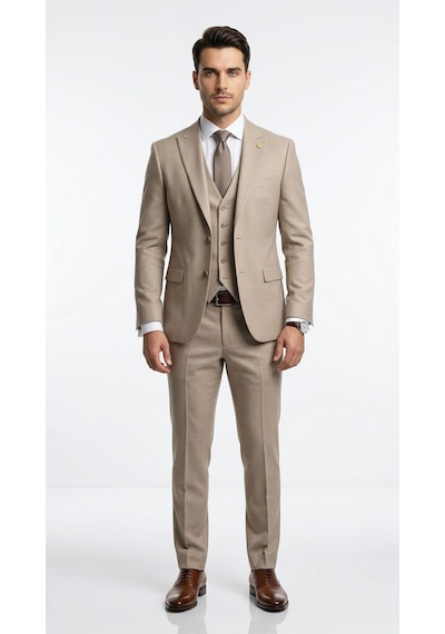 Erkek Slim Fit Takım Elbise Yelekli Modern Kesim Likralı Esnek Kumaş Kırışmaz Şık Düğün Davet Takımı Bej