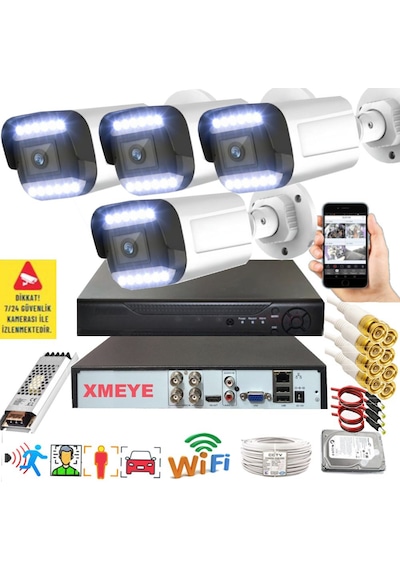 4 Lü Hareket Algılayan 5 Mp Lens 12 Warm Led Gece Renkli Gösteren Güvenlik Kamerası Seti Bs 3312w