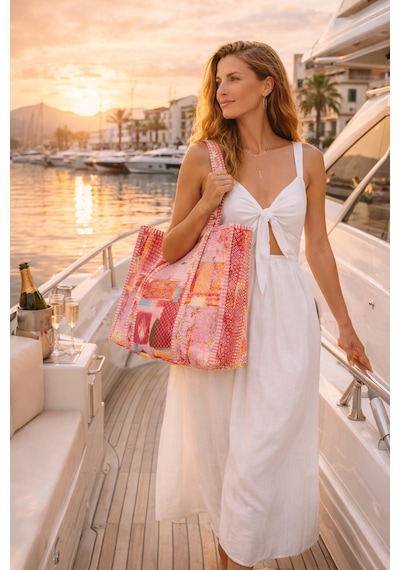 İcone Bag Patch Yama Desen Baskılı Kapitoneli Plaj Çantası, İçi Çizgili Baskılı Shopper Çanta, Pembe Plaj Çantası
