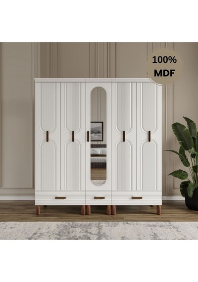 Zen 5 Kapak Ayaklı Tasarım Country Mdf Gardırop Beyaz
