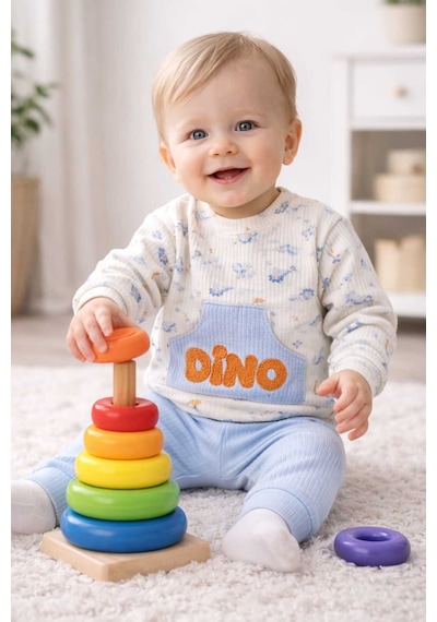 Tenra Dino Kabartma Baskılı Erkek Bebek Takım Cep Detaylı Mavi