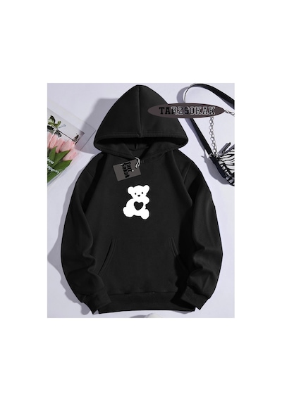 Tarzsokak Kapşonlu Sweatshirt Siyah Tatlı Ayı Özel Tasarım