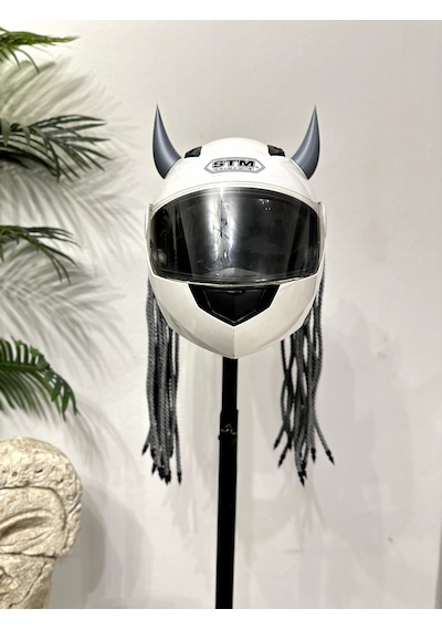 Motor & Motosiklet 3d Baskı Gri Şeytan Boynuzlu Gri Örgülü Çift Saç Kask Dış Aksesuarı Diğer