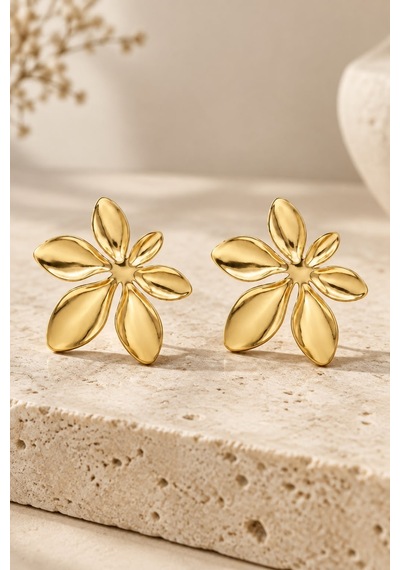 Kadın Gold Pürüzsüz Çiçek Model Statement Küpe - Heykelsi Vintage Çivi Küpe