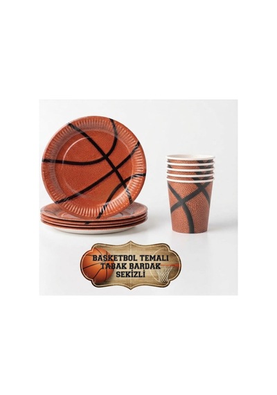 Basketbol Temalı 8'li Karton Tabak Ve 8'li Karton Bardak Seti - Basketbolcu Doğum Günü Parti Seti Turuncu Tüm Yaşlar