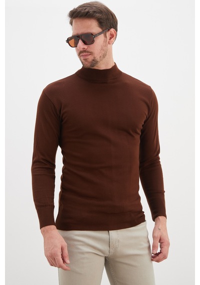 Fullamoda Basic Dik Yaka Regular Fit Triko Kazak Kahve