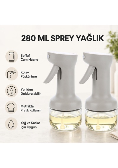 2'li 280 Ml Cam Sprey Yağlık Seti, Tetikli Püskürtmeli Yağ Ve Sirke Şişesi, Salata Mutfak Ve Airfryer Kullanımı Diğer