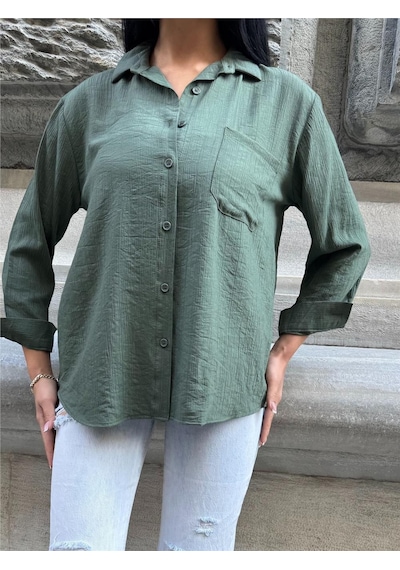 WeShaya Haki Kırışık Oversize %100 Pamuk Gömlek Haki