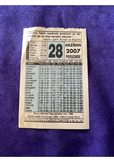 28 Haziran 2007 Takvim Yaprağı - Nostalji Koleksiyonluk Takvim Yaprağı