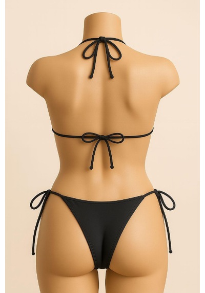 Moda Dua Kadın Siyah Yandan Ve Boyundan Bağlamalı Bikini Mayo Takımı
