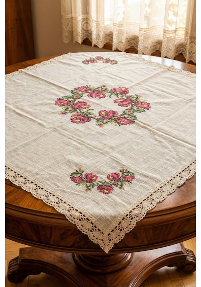 Handmade Kanaviçe İşlemeli Güpürlü Masa Örtüsü Monika Kumaş Nostalji Serisi Ekru