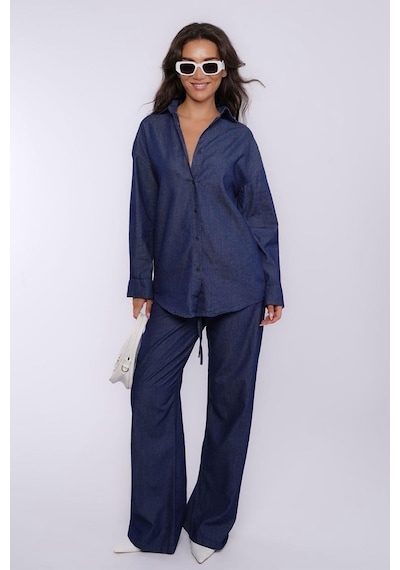 Madmext Mavi Basic Kadın Gömlek Pantolon İkili Takım Mg2383 Mavi