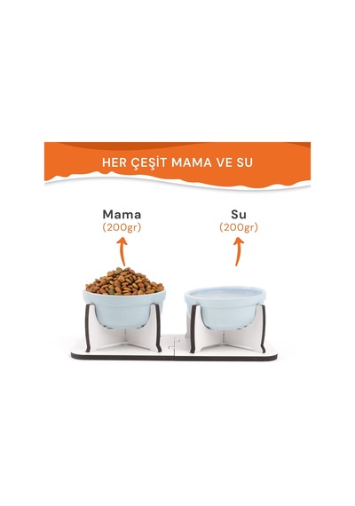 Kedi Köpek Mama Kabı, Ahşap Ayrılabilir Tabanlı 2'li Mama Ve Su Kabı Seti Kaymaz Stand, Hijyenik Kaseler, Minimal Tasarım, Seramik Kase Mavi Seramik
