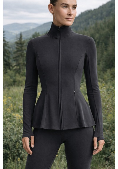 Gugus Kadın Light Warm Running Volanlı Fermuarlı Yüksek Yaka Spor Ceket Esnek Activewear Füme