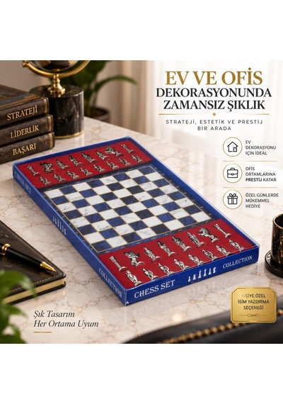Lüks Metal Satranç Takımı Osmanlı Bizans Figürlü Krom Mavi Mermer Desenli 20x20 Premium Hediye Seti