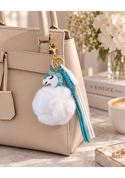 Mavi - Beyaz Unicorn Ponponlu Çanta Charmı