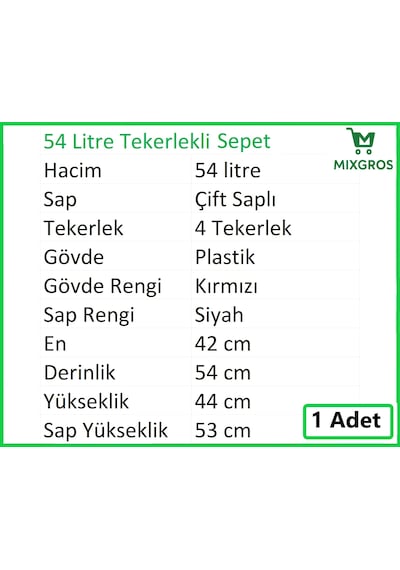 Tekerlekli Plastik Market Alışveriş El Sepeti 54 Litre Kırmızı 1 Adet