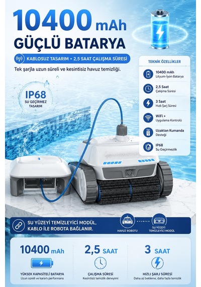 Cp402 Kablosuz Akülü Havuz Temizleme Robotu 4 Alan-zemin, Duvar, Su Hattı, Su Yüzeyi