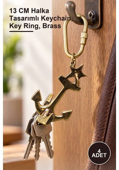 4 Adet Çapalı Pirinç Anahtarlık 13 Cm Halka Tasarımlı Keychain, Key Ring, Brass