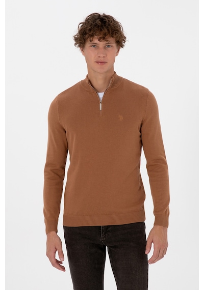 U.S. Polo Assn. Erkek Slim Fit Yarım Fermuarlı Camel Basic Kazak 50313695-VR233