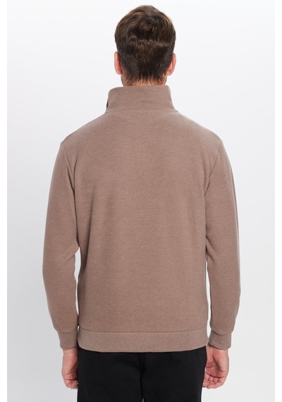 Tudors Unisex Relax Fit Rahat Kesim Fitilli Desenli Pamuklu Yarım Fermuarlı Kahverengi Dik Yaka Sweatshirt-31979 Kahverengi