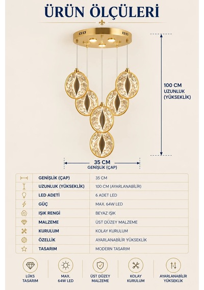 Modern Premium 6'lı Gold 3 Renkli Ledli Sarkıt Avizesi Salon Mutfak Oturma Odası Şık Modelleri 64w