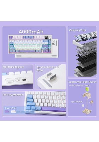 Aula F75 Max Mekanik Rgb Tkl Reaper Switch Kablosuz Makrolu Hot Swap Klavye Mor