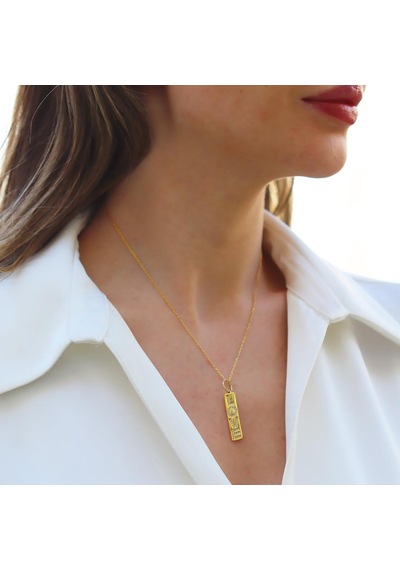 Love Taşlı Plaka Gold Gümüş Kolye Gümüş
