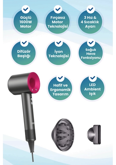 Cf28 Profesyonel İyonik Saç Kurutma Makinesi - Difüzör Başlıklı Sessiz Hızlı Fön