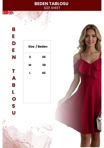 Zedefx Kadın İnce Askılı Katlı Fırfırlı Elbise Bordo