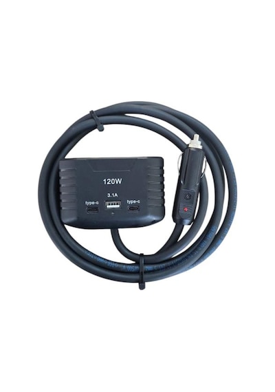 Araç Çakmak Uzatma Kablosu Çakmaklık Çoklayıcı Usb, Type-c Çıkışlı 12 Volt 10 Amper 120 Wat 2 X1,5mm Ttr Bakır 2 Mt-siyah-yk-ot732