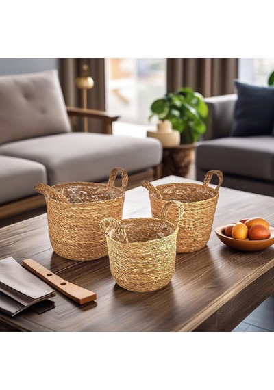 3'lü El Yapımı Doğal Hasır Kulplu Yuvarlak Saksı Seti, Hasır El Yapımı Suya Karşı Koruma Poşetli Yuvarlak Örgü Saksı 3'lü Set, Rattan Saksı Seti, 24cm 22cm-22cm 20cm-20cm 18cm 001