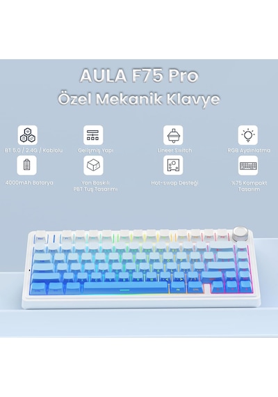 Aula F75 Mekanik Rgb Tkl Seiya Switch Kablosuz Makrolu Hot Swap Klavye Gradyan Mavi