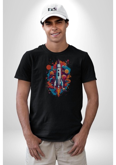 Uzay Aracı Roket Unisex Unisex Siyah Organik Baskılı T-shirt Penye Yüksek Kalite Siyah