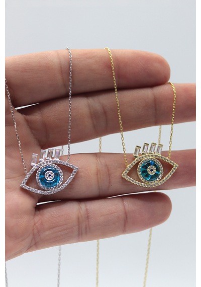 Zirkon Taşlı Nazarlık Model Gold Kaplama Gümüş Kadın Kolye
