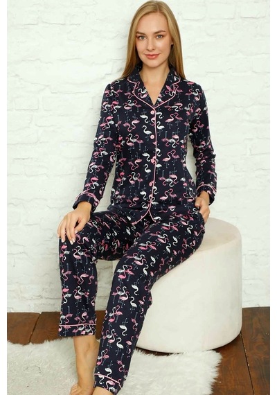 Alimer Filamingo Desen Kadın Uzun Kollu Pijama Takım Edy2607Uy-L