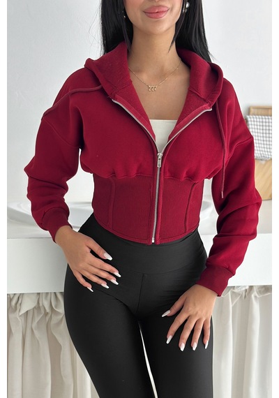 Kadın Siyah Fermuarlı Hoodie Minimal Sokak Ruhuyla Bordo