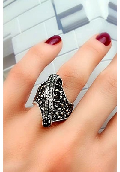Swarovski Taşlı Markazit Taş Detaylı Gümüş Tasarım Yüzük 19