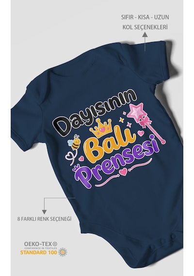 Morivokids Dayısının Ballı Prensesi Kısa Kollu Bebek Body %100 Pamuk Lacivert