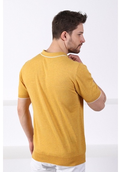 Ferraro K.Sarı Yaka Şerit Fermuarlı Erkek Pamuk Triko T-Shirt-Sarı