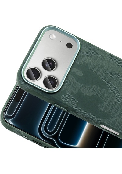 iPhone Uyumlu 17 Pro Kılıf Magsafe Şarj Özellikli Kamuflaj Tasarımlı Sera Sert Pc Kapak Koyu Yeşil