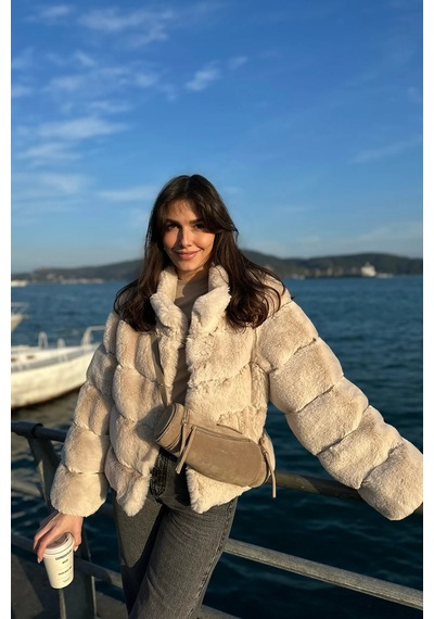 Açelyaokcu Premium Dik Yaka Kadın Rex Suni Kürk Ceket Taş