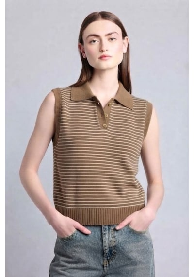 Soft&basic Kadın Çizgili V Yaka Düğmeli Rahat Kesim Triko Süveter Kahve