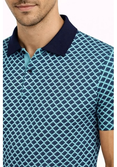 Modi Erkek Pike Kumaş Polo Yaka Desenli Tişört Kısa Kol Yazlık T-shirt - Turkuaz Çok Renkli