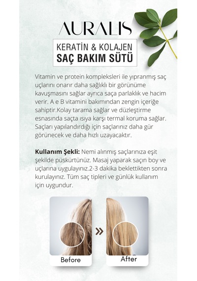Auralis Keratin Ve Kolajen İçeren Besleyici Onarıcı Saç Bakım Sütü 200 Ml
