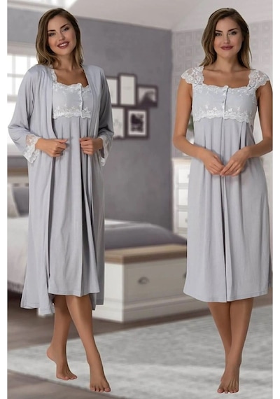 Effort Pijama Mayss Collections 2302 Gri Renk Sabahlıklı Lohusa Gecelik Takımı Gri