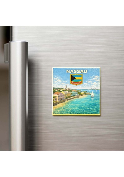 Retro Bahamalar Nassau Şehri Temalı Vintage Buzdolap Magneti 9x9 Cm