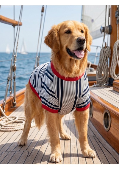 Yacht Club Marin Çizgili Orta Ve Büyük Irk Köpek Tişörtü Lacivert Kırmızı Yazlık Köpek Kıyafeti