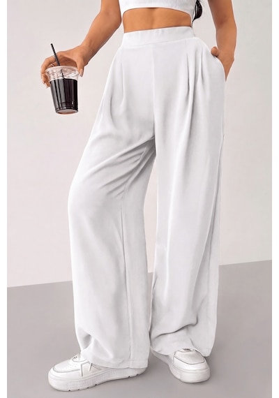 Genius Store Kadın Pantolon Scuba Krep Kumaş Beli Lastikli Cepli Pileli Geniş Paça Palazzo Pantolon Scuba-crep Beyaz