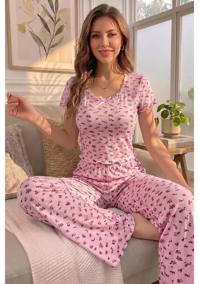 Bella Notte Fiyonk Detaylı Fırfırlı Kısa Kollu Yazlık Pijama Takımı Pembe